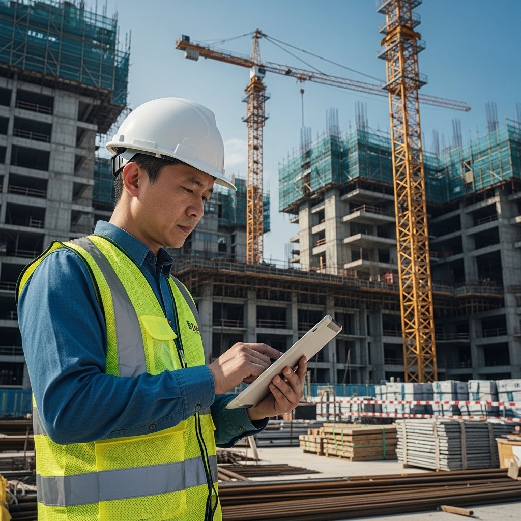 BizSAFE Audit Services - Professional workplace safety and health auditor conducting comprehensive BizSAFE certification assessment and WSH management system audit in Singapore business facility, reviewing safety documentation and compliance records for BizSAFE Level 1 through BizSAFE Star certification