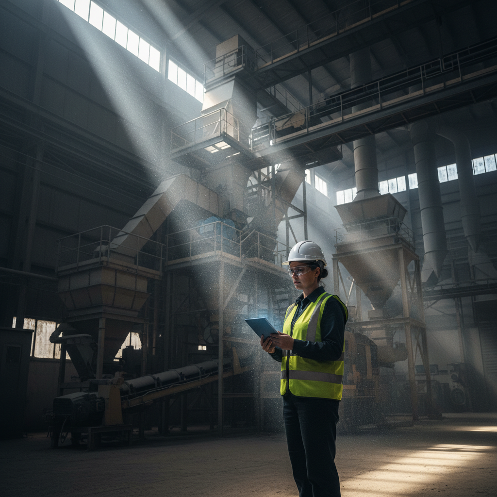 Dust Hazard Analysis - Female industrial safety engineer conducting DHA assessment in industrial facility with dust collection systems, wearing hard hat and high-visibility vest, using tablet to document dust explosion hazards