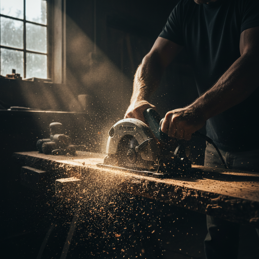 Dust Hazard Analysis - Industrial worker operating circular saw generating combustible sawdust in workshop environment