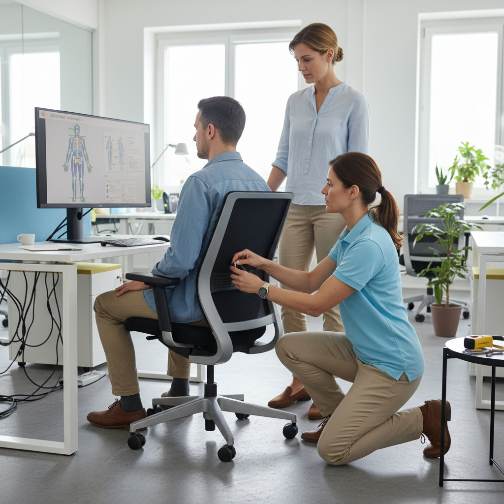 Ergonomics Specialist Assessment - Specialist conducting an assessment and adjusting a chair for a worker