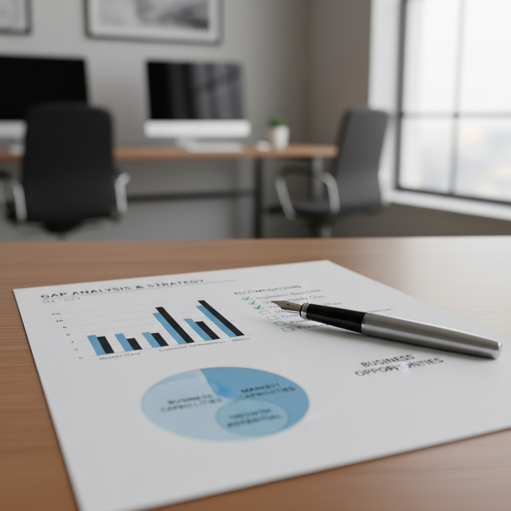 Gap Analysis Report - Close-up of a professional gap analysis report and checklist on an office desk, highlighting areas for improvement in safety management systems