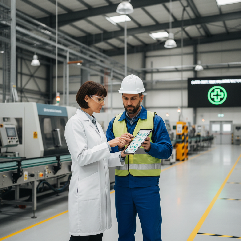 Occupational Health Consultation - Professional health specialist consulting with a worker in a modern industrial setting