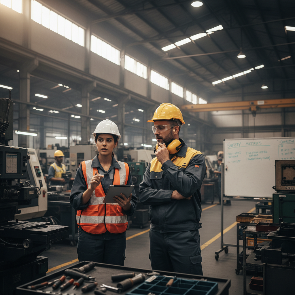 Internal Audit Discussion - Safety auditor discussing findings with a plant manager in a factory setting, reviewing safety compliance and improvements