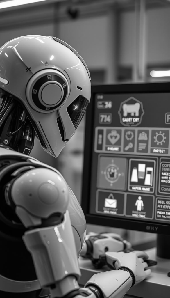 AI-powered robot inspecting safety systems on a digital interface for industrial safety solutions.