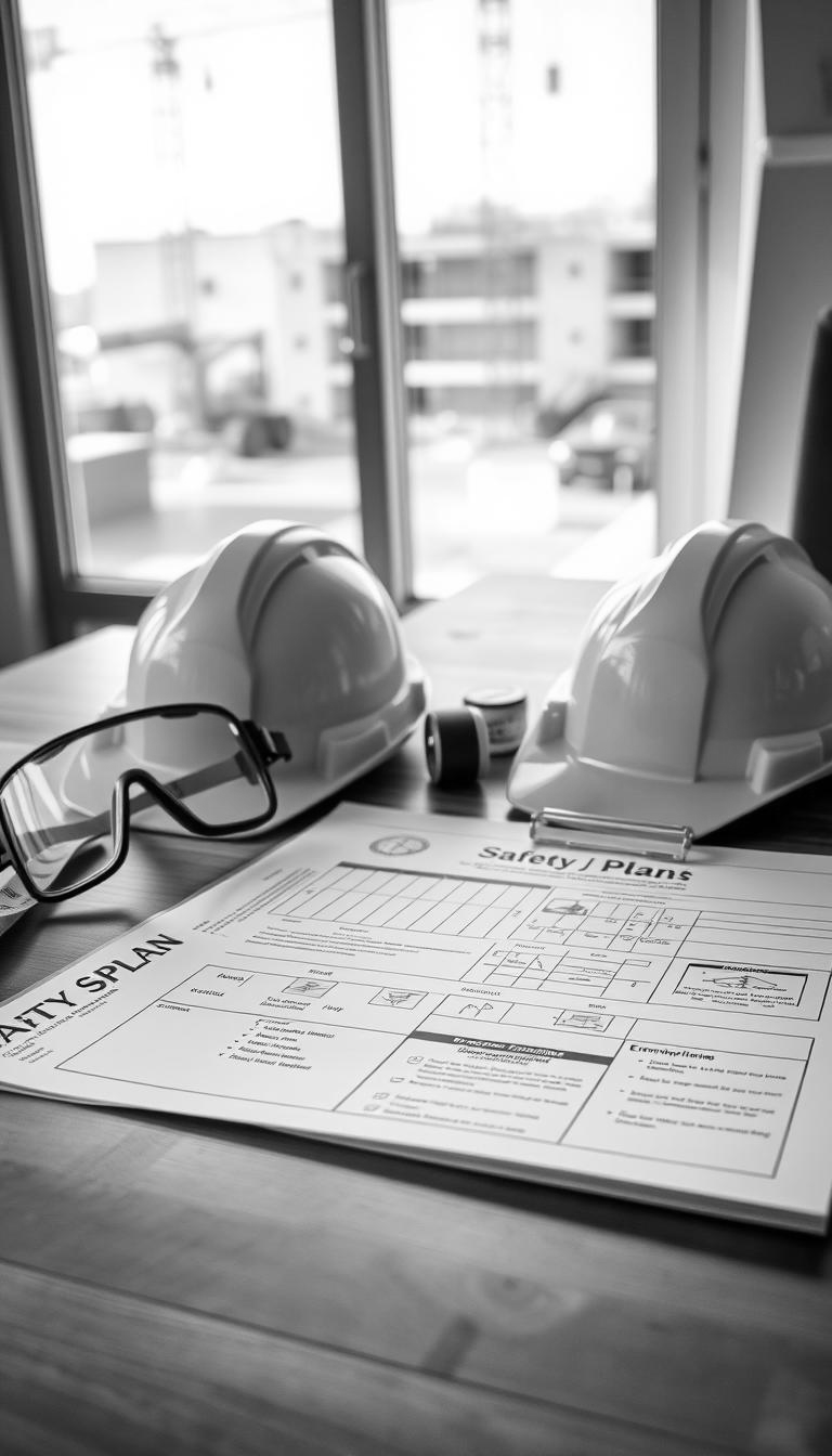 Construction safety plan document on a table with safety helmets and protective goggles at a construction site.